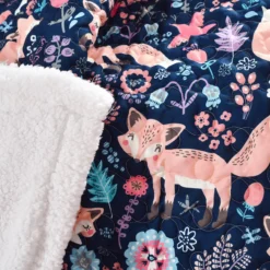 Pixie Navy & Pink Floral Fox Quilted Sherpa Throw, (50" X 60") -Hoover Sales Store 810553497 2