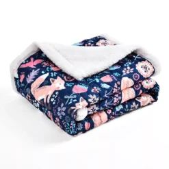 Pixie Navy & Pink Floral Fox Quilted Sherpa Throw, (50" X 60") -Hoover Sales Store 810553497 4