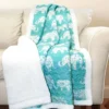 Aqua & White Elephant Parade Quilted Sherpa Throw, (50" X 60")