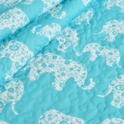 Aqua & White Elephant Parade Quilted Sherpa Throw, (50" X 60") -Hoover Sales Store 810553502 2