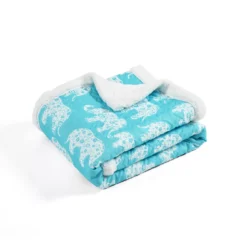 Aqua & White Elephant Parade Quilted Sherpa Throw, (50" X 60") -Hoover Sales Store 810553502 41