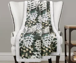 Green & White Camo Leaves Quilted Sherpa Throw, (50" X 60")