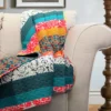 Turquoise & Tangerine Boho Floral Color Block Quilted Throw
