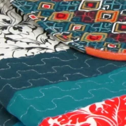 Turquoise & Tangerine Boho Floral Color Block Quilted Throw -Hoover Sales Store 810553505 2