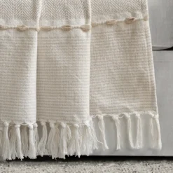 Beige Thread-Stripe Herringbone Tassel-Trim Throw, (50" X 60") 11 Beige Thread-Stripe Herringbone Tassel-Trim Throw, (50" X 60") -Hoover Sales Store 810553509 11