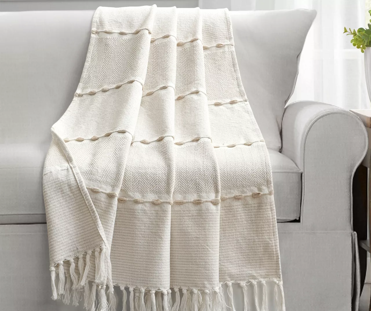 Beige Thread-Stripe Herringbone Tassel-Trim Throw, (50" X 60") 1 Beige Thread-Stripe Herringbone Tassel-Trim Throw, (50" X 60")