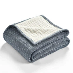 Kantha Navy & Off-White Stitch-Row Throw, (50" X 60") -Hoover Sales Store 810553514 4