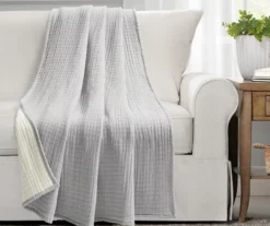 Kantha Light Gray & Off-White Stitch-Row Throw, (50" X 60")