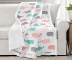 White & Coral Whale Print Quilted Sherpa Throw, (50" X 60")