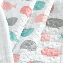 White & Coral Whale Print Quilted Sherpa Throw, (50" X 60") -Hoover Sales Store 810553518 3