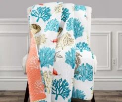White, Blue & Coral Coastal Reef Quilted Throw, (50" X 60")