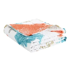 White, Blue & Coral Coastal Reef Quilted Throw, (50" X 60") -Hoover Sales Store 810553540 3