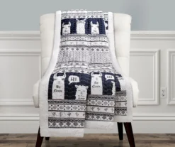 Navy & White Llama Stripe Quilted Sherpa Throw, (50" X 60")