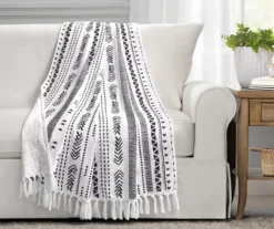 Hygge White & Black Geometric Stripe Tassel-Fringe Throw, (50" X 60")