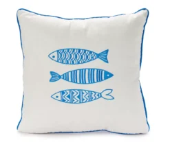 White & Blue Fish Trio Embroidered Square Throw Pillow