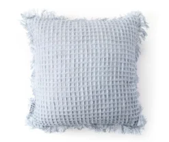 Celestial Blue Waffle-Knit Fringe-Trim Square Throw Pillow