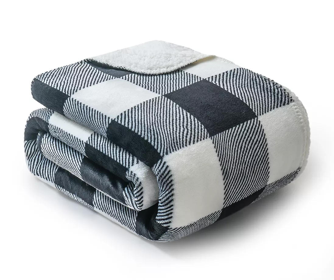 Black & White Buffalo Check Velvet & Sherpa Throw, (50" X 60") 1 Black & White Buffalo Check Velvet & Sherpa Throw, (50" X 60")