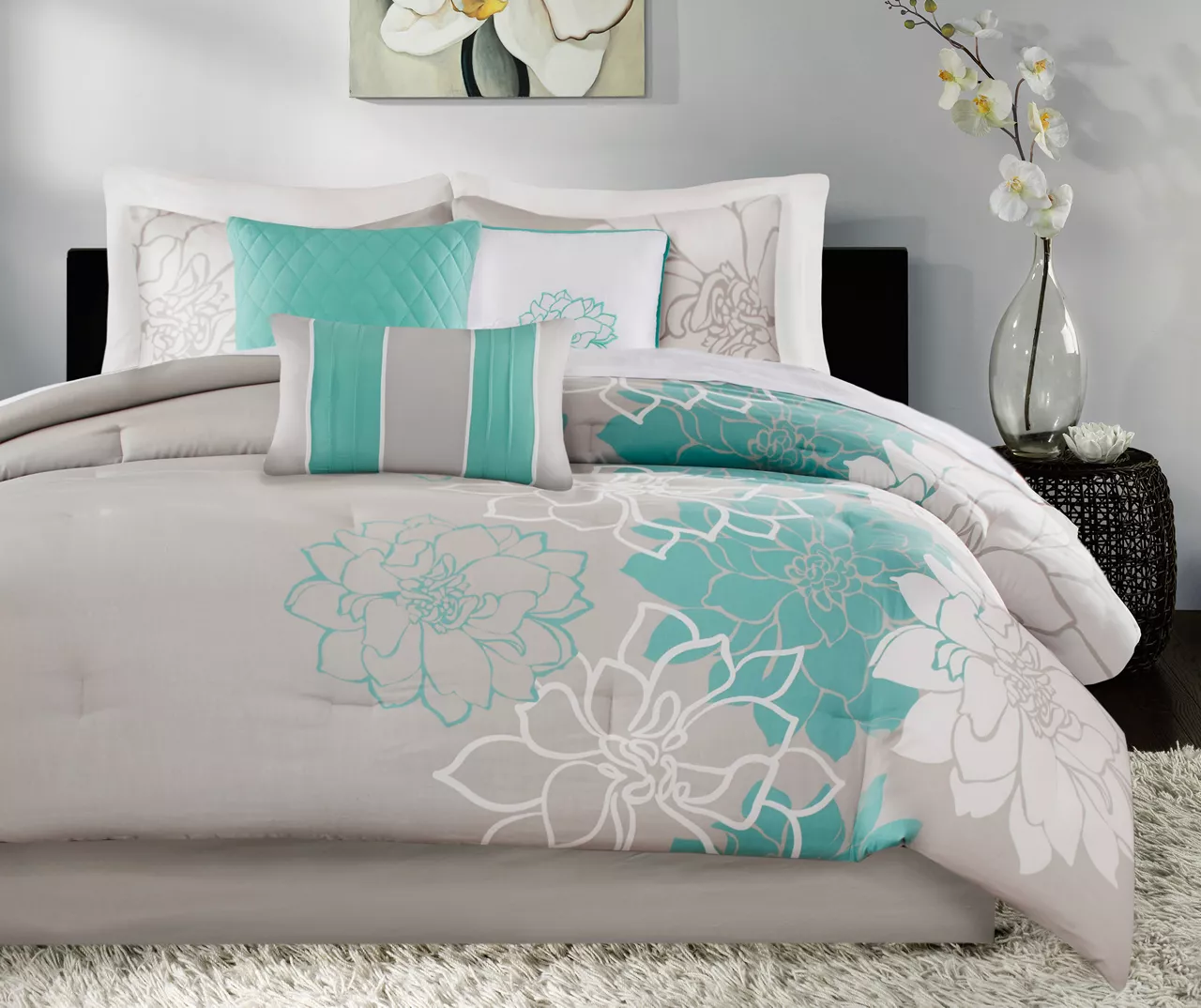 Jane Aqua & Gray Floral Queen 7-Piece Comforter Set 1 Jane Aqua & Gray Floral Queen 7-Piece Comforter Set