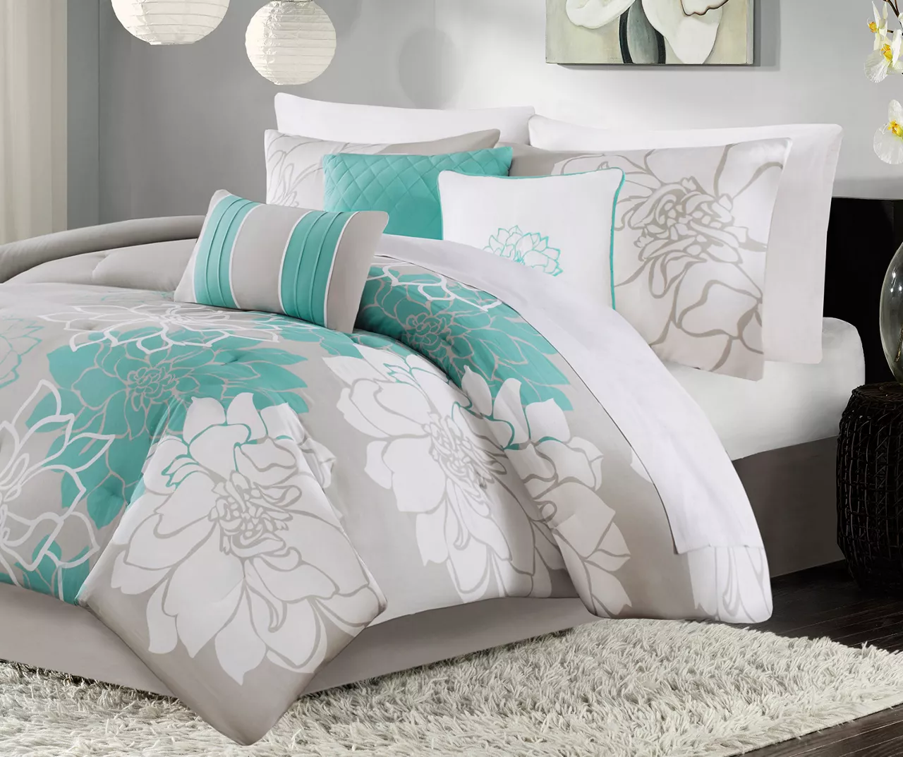 Jane Aqua & Gray Floral Queen 7-Piece Comforter Set 2 Jane Aqua & Gray Floral Queen 7-Piece Comforter Set - Image 2