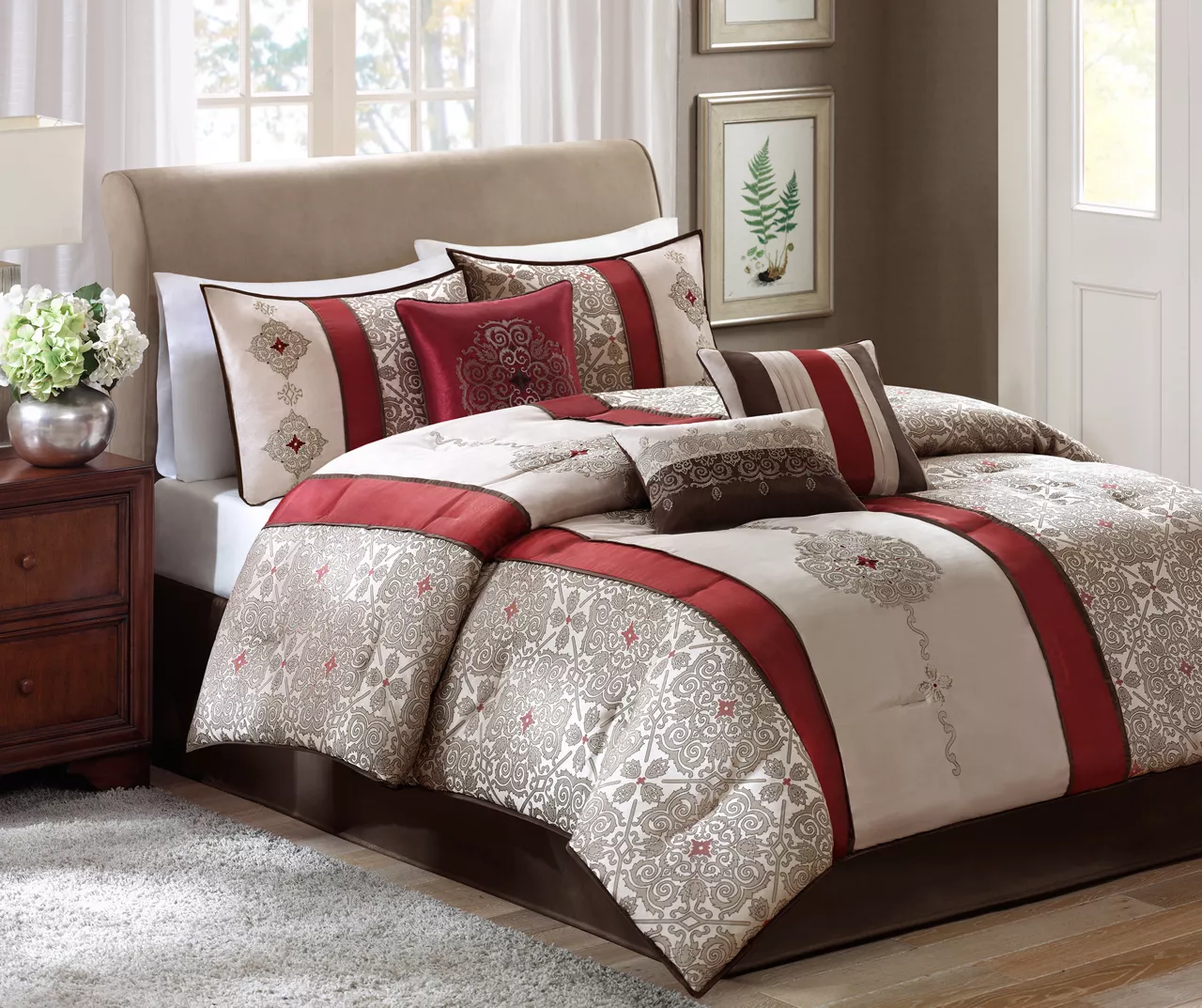 Perry Red & Brown Medallion Jacquard Queen 7-Piece Comforter Set 2 Perry Red & Brown Medallion Jacquard Queen 7-Piece Comforter Set - Image 2