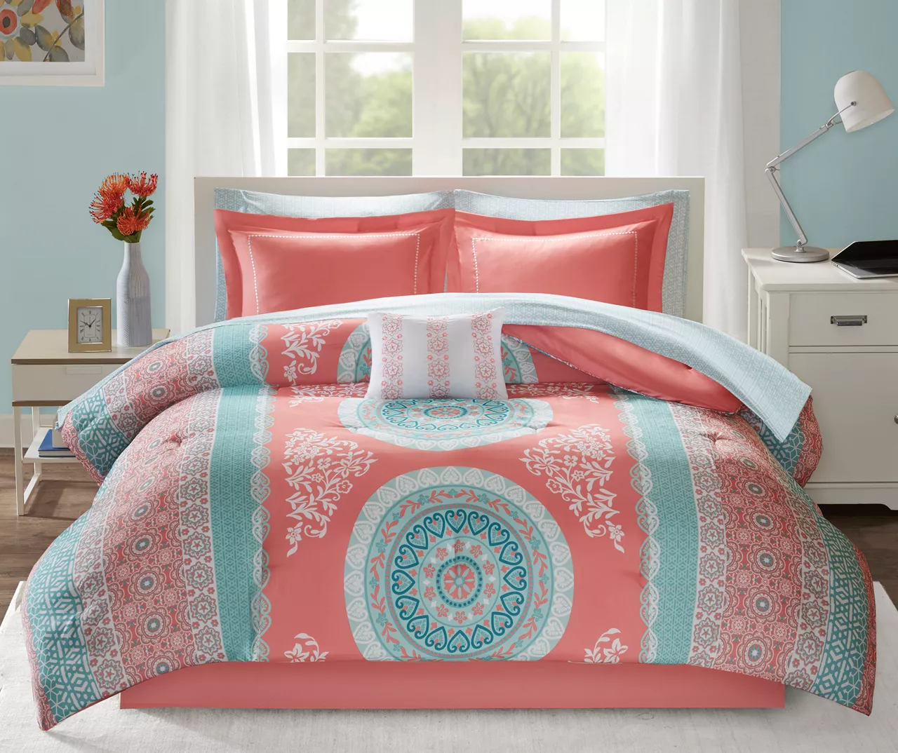 Blaire Coral & Aqua Boho Medallion Twin XL 8-Piece Comforter Set 1 Blaire Coral & Aqua Boho Medallion Twin XL 8-Piece Comforter Set