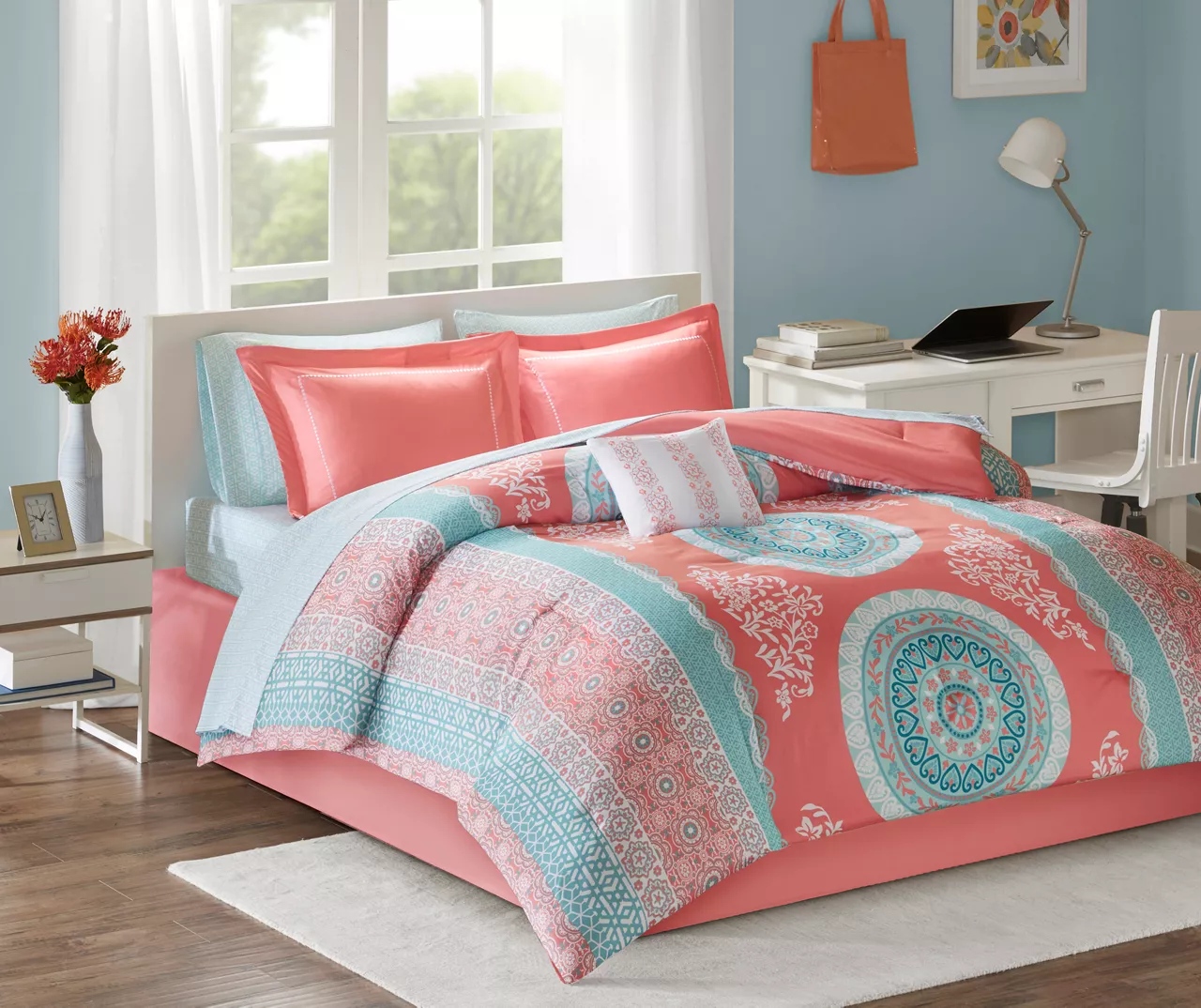 Blaire Coral & Aqua Boho Medallion Twin XL 8-Piece Comforter Set 2 Blaire Coral & Aqua Boho Medallion Twin XL 8-Piece Comforter Set - Image 2