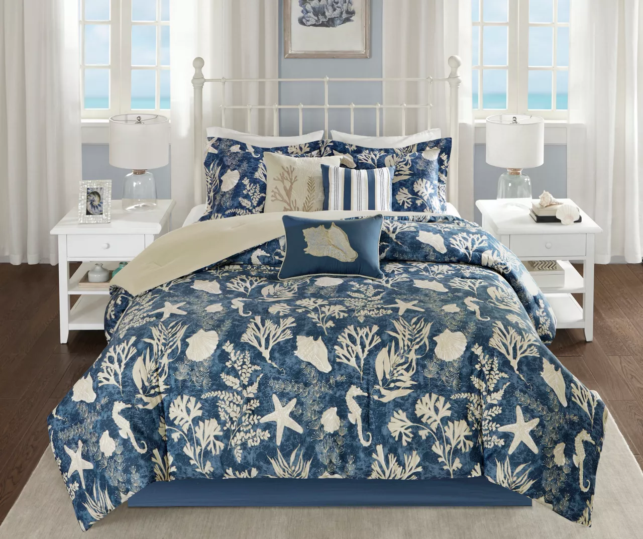 Bedford Blue & White Coastal Cotton Sateen Queen 7-Piece Comforter Set 1 Bedford Blue & White Coastal Cotton Sateen Queen 7-Piece Comforter Set