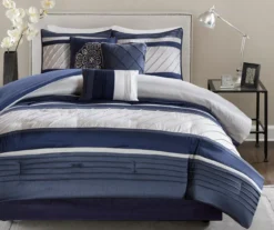 Burnett Navy & White Color Block Pintuck Queen 7-Piece Comforter Set