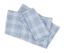 Blue & White Grid Plaid King 4-Piece Microfiber Sheet Set