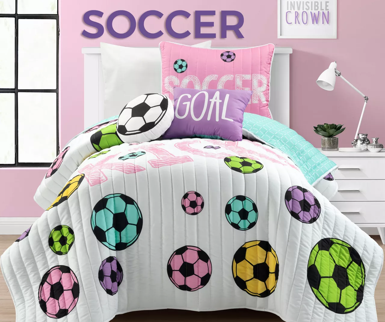 Lush Decor "Soccer" White, Turquoise & Pink Reversible Quilt Set 1 Lush Decor "Soccer" White, Turquoise & Pink Reversible Quilt Set