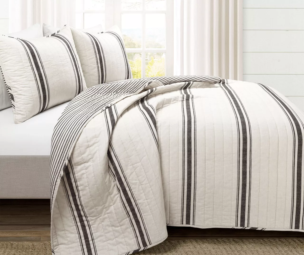 Farmhouse White & Black Stripe Reversible Full/Queen 3-Piece Quilt Set 2 Farmhouse White & Black Stripe Reversible Full/Queen 3-Piece Quilt Set - Image 2