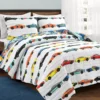 White Multi-Color Race Cars Reversible Full/Queen 3-Piece Quilt Set