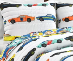 White Multi-Color Race Cars Reversible Full/Queen 3-Piece Quilt Set -Hoover Sales Store 810595977 2