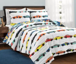 White Multi-Color Race Cars Reversible Full/Queen 3-Piece Quilt Set