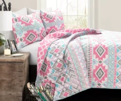 Lush Decor Pink & Turquoise Geometric Stripe Reversible Quilt Set -Hoover Sales Store 810596001 1