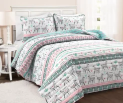 Pink & Aqua Boho Llama Reversible Full/Queen 3-Piece Quilt Set