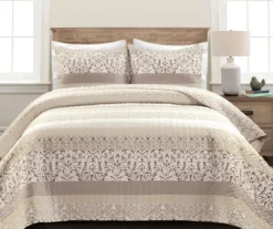 Tan & Beige Bohemian Pattern Stripe Reversible Full/Queen 3-Piece Quilt Set