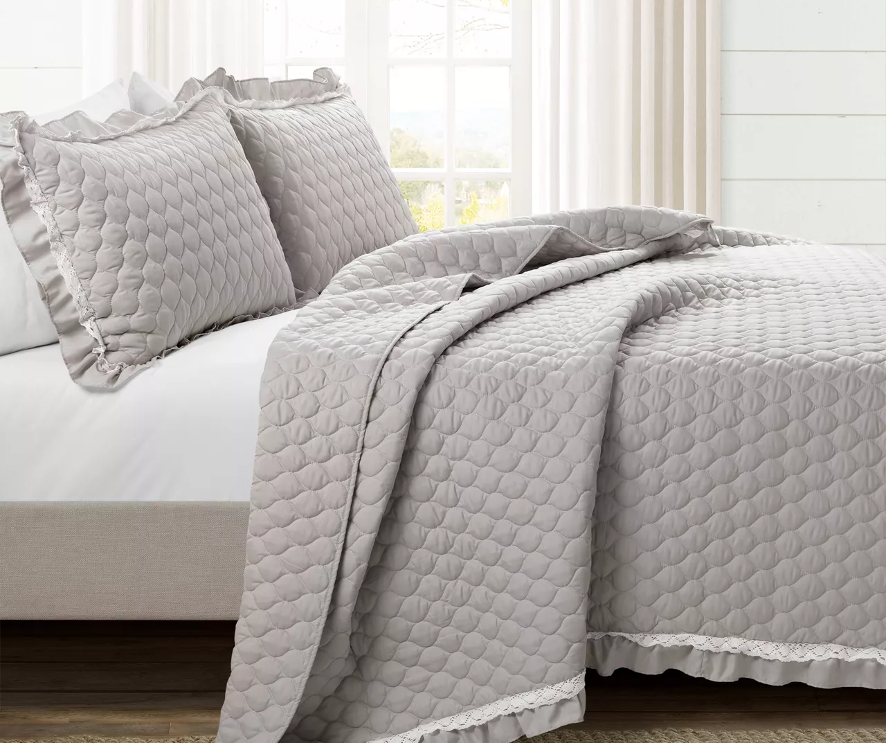 Ella Light Gray Ruffle & Lace-Trim Full/Queen 3-Piece Quilt Set 2 Ella Light Gray Ruffle & Lace-Trim Full/Queen 3-Piece Quilt Set - Image 2