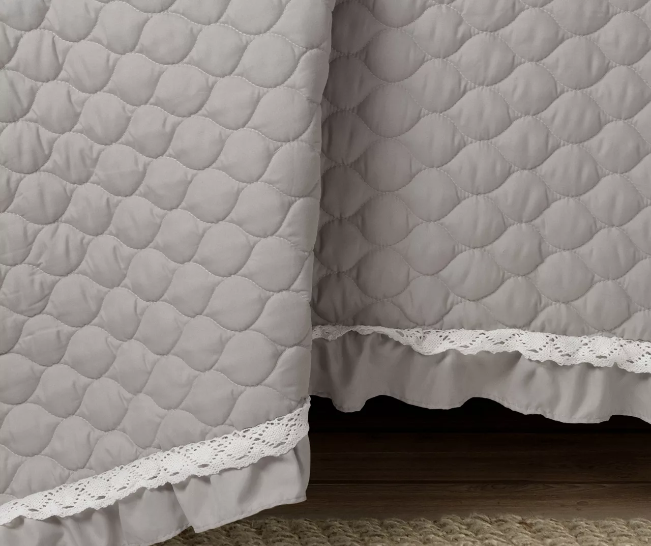 Ella Light Gray Ruffle & Lace-Trim Full/Queen 3-Piece Quilt Set 5 Ella Light Gray Ruffle & Lace-Trim Full/Queen 3-Piece Quilt Set - Image 5