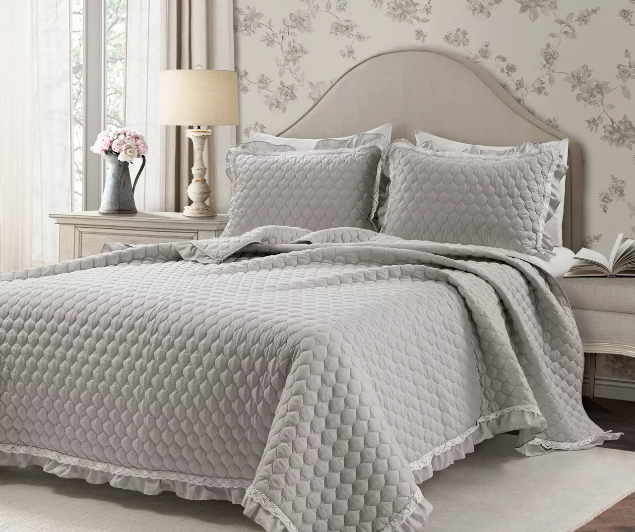 Ella Light Gray Ruffle & Lace-Trim Full/Queen 3-Piece Quilt Set 1 Ella Light Gray Ruffle & Lace-Trim Full/Queen 3-Piece Quilt Set