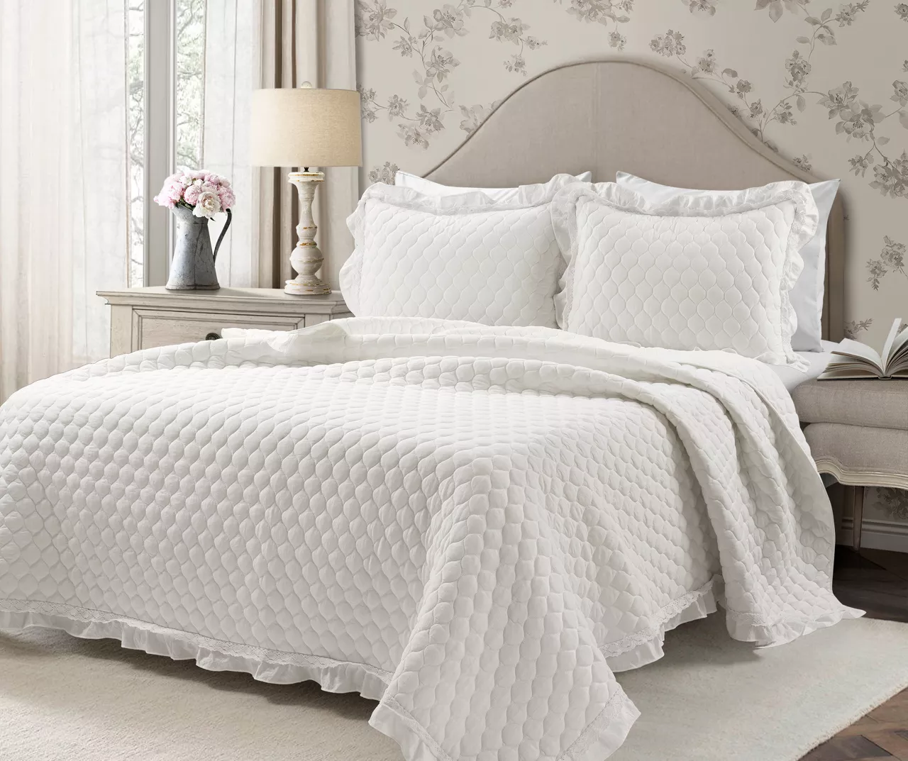 Ella White Ruffle & Lace-Trim Full/Queen 3-Piece Quilt Set 1 Ella White Ruffle & Lace-Trim Full/Queen 3-Piece Quilt Set