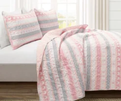 Lush Decor Sara Lily Pink & Gray Pattern Stripe Reversible Quilt Set -Hoover Sales Store 810596076 1