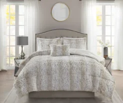 Marselle White & Tan Snow Leopard Print Faux Fur King 4-Piece Comforter Set