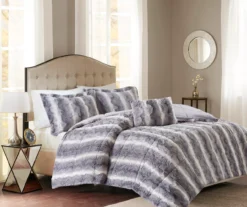 Marselle Stripe Faux Fur 4-Piece Comforter Set -Hoover Sales Store 810598180 810598181 2