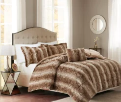 Marselle Stripe Faux Fur 4-Piece Comforter Set -Hoover Sales Store 810598184 810598185 2