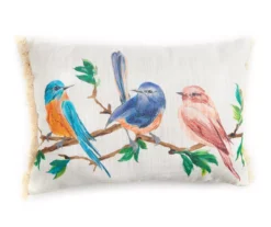 White & Multi-Color Birds Rectangle Throw Pillow