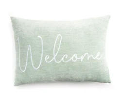 "Welcome" Green Embroidered Rectangle Throw Pillow