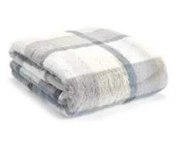 Gray & White Plaid Faux Fur Throw, (50" X 60")
