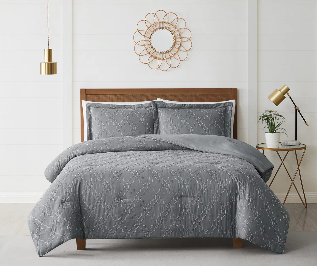 Gray Embroidered Lattice Queen 3-Piece Comforter Set 1 Gray Embroidered Lattice Queen 3-Piece Comforter Set