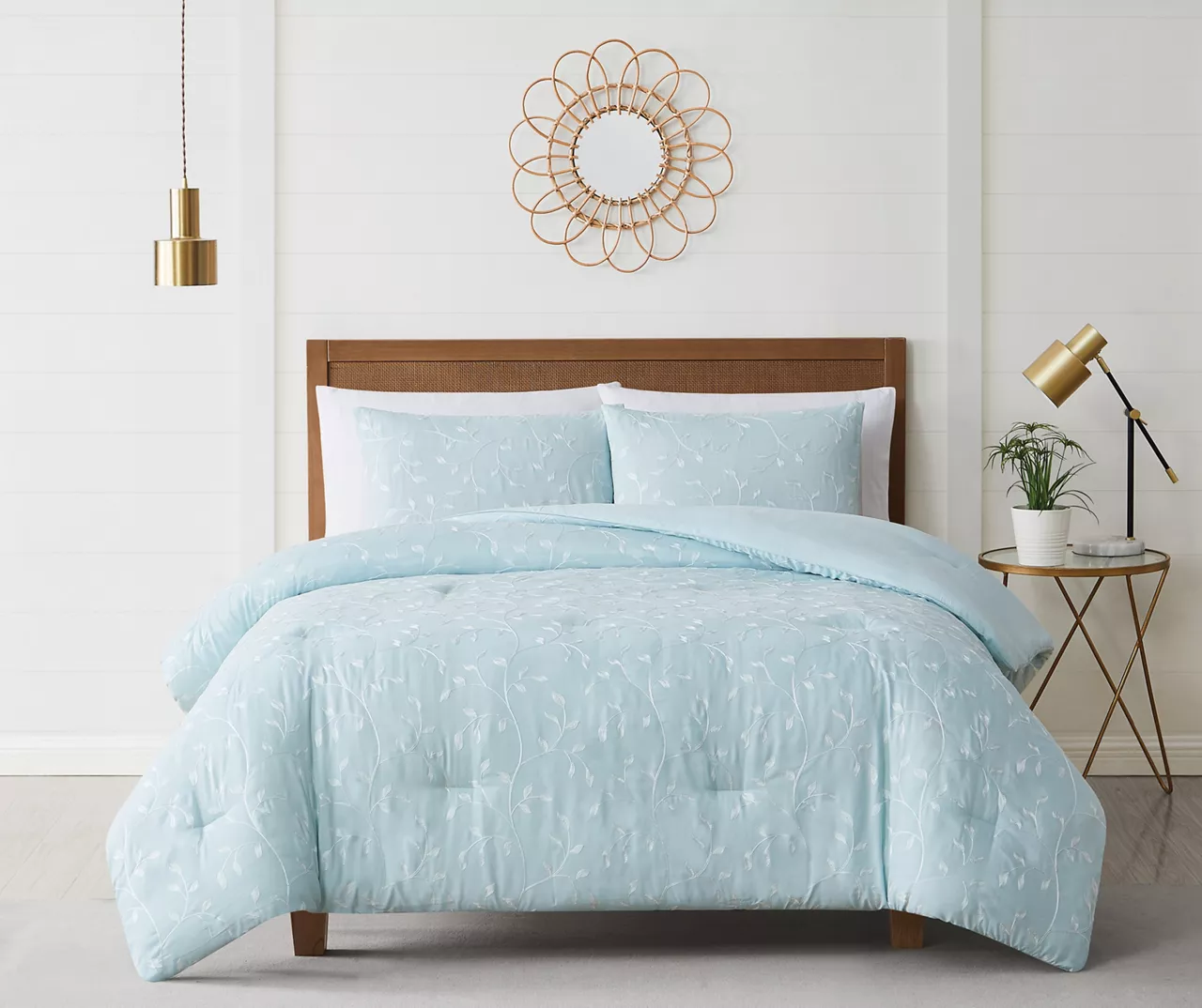 Casa Light Blue & White Embroidered Leaf Vine Queen 3-Piece Comforter Set 1 Casa Light Blue & White Embroidered Leaf Vine Queen 3-Piece Comforter Set